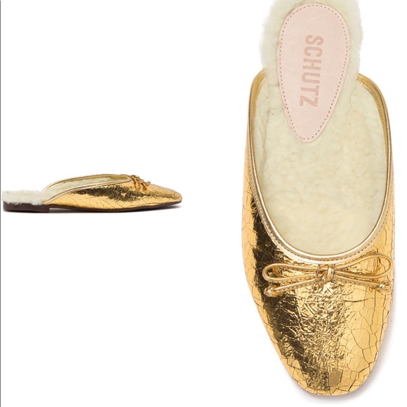 Schutz Evelin Metallic leather faux Shearling lined Gold Mule - Picture 4 of 10